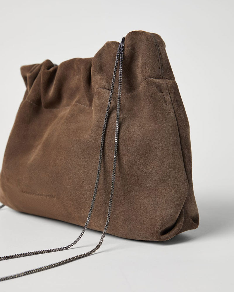 Brunello Cuicnelli suede soft bag with precious chain ~ Mud