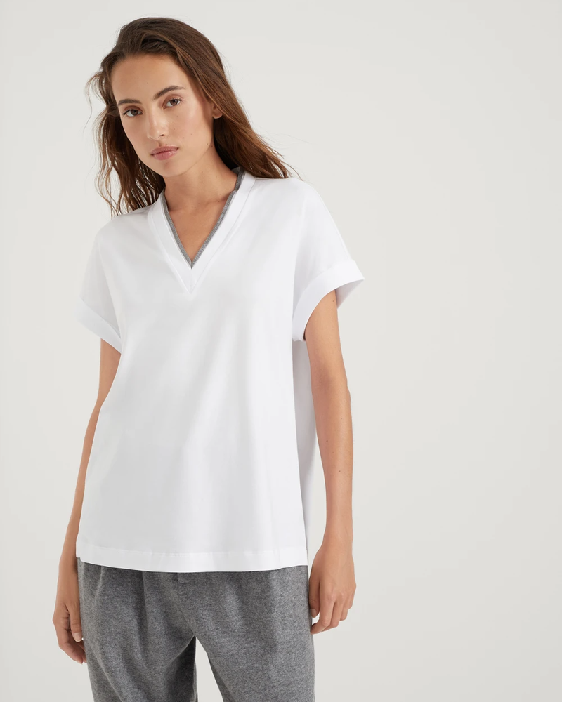 Brunello Cuicnelli Stretch Cotton Jersey T-shirt with Precious Neckline ~ White