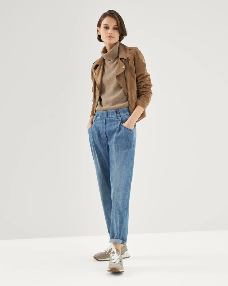 Brunello Cucinelli Lightweight Denim Baggy Trousers with Shiny Tab