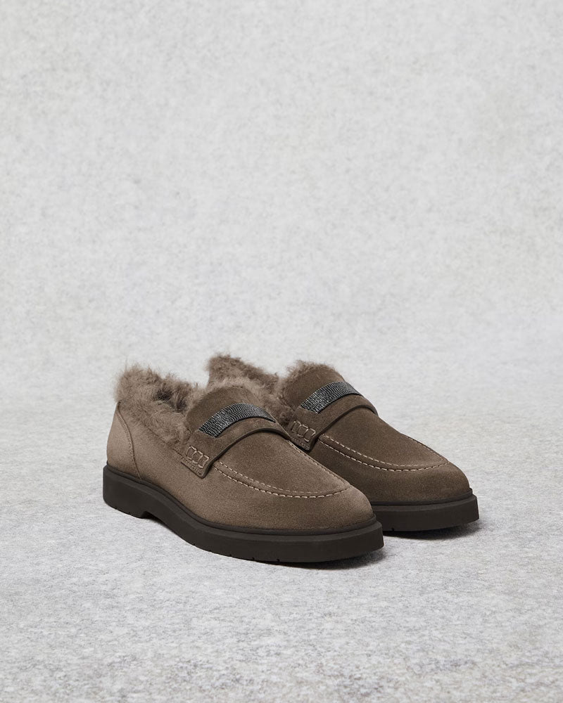 Brunello Cucinelli Suede Penny Loafers with shearling lining and precious insert ~ Light Brown