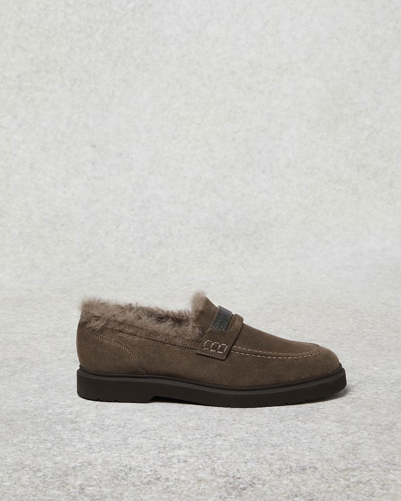 Brunello Cucinelli Suede Penny Loafers with shearling lining and precious insert ~ Light Brown