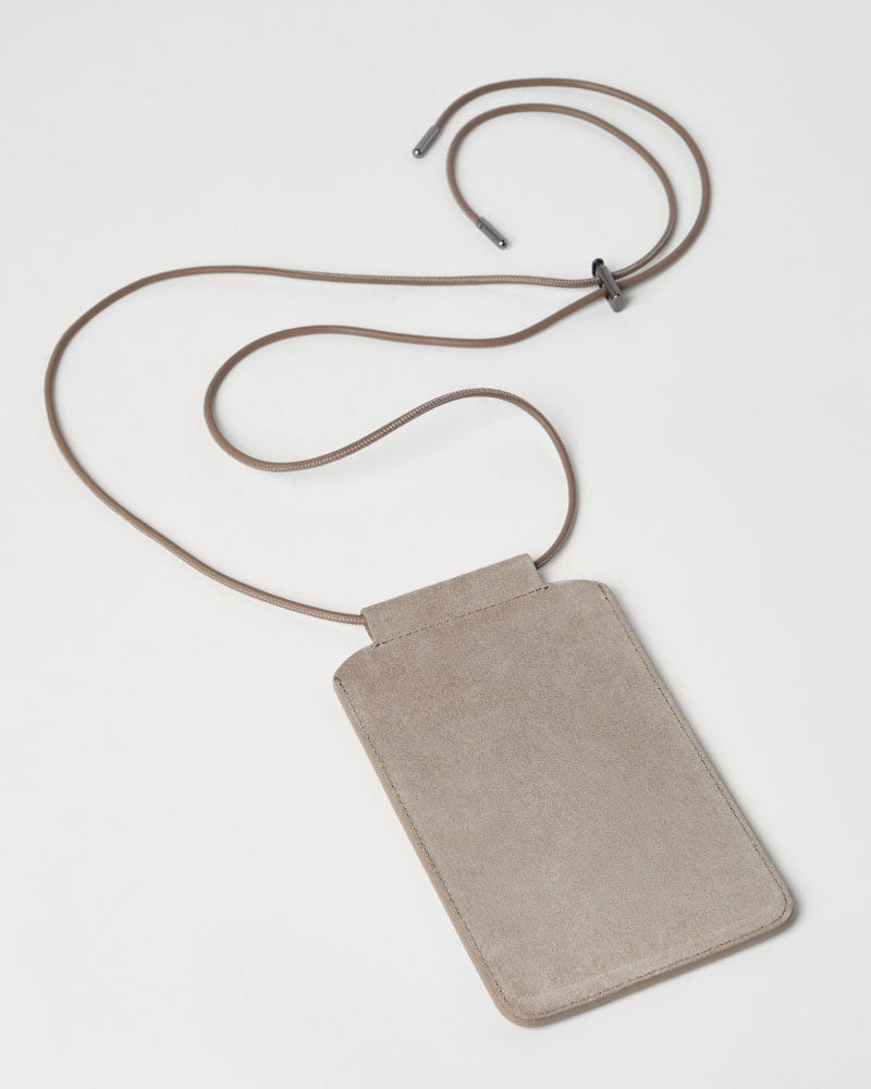 Brunello Cucinelli suede phone bag with shiny trim ~ Light Grey