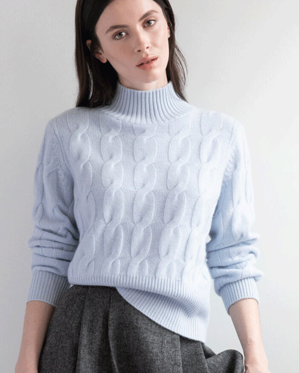 Cashmere Cable Mock Neck Sweater ~ Celeste