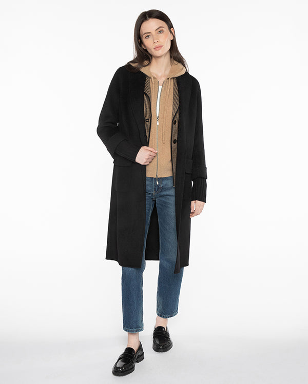 Shawl Collar Knit Trim Coat ~ Black