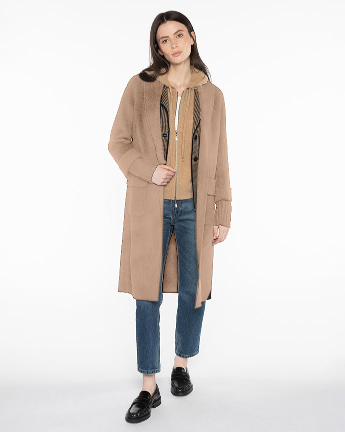 Shawl Collar Knit Trim Coat ~ Camel