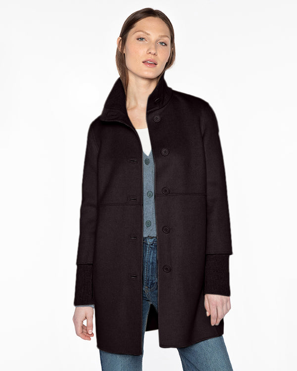 Button Front Knit Trim Coat ~ Black