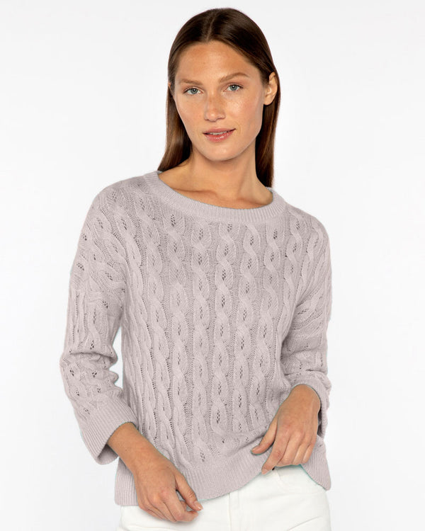 3/4 Sleeve Pointelle Cable Crew in Almond