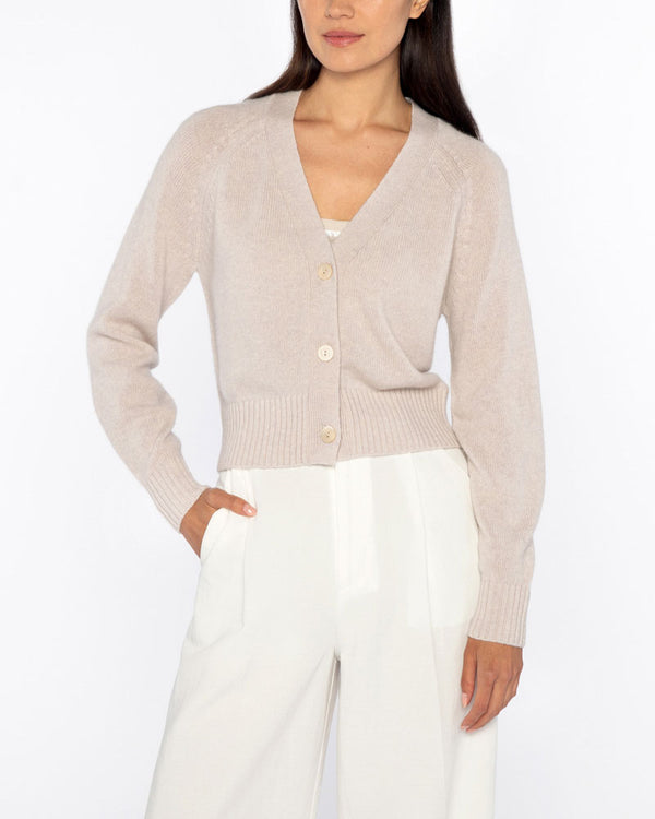 Short Button Vee Cardigan in Almond