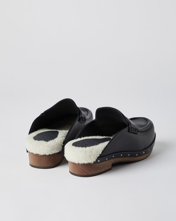 Brunello Cucinelli Matte calfskin loafer-style clogs with precious detail and shearling lining ~ Black