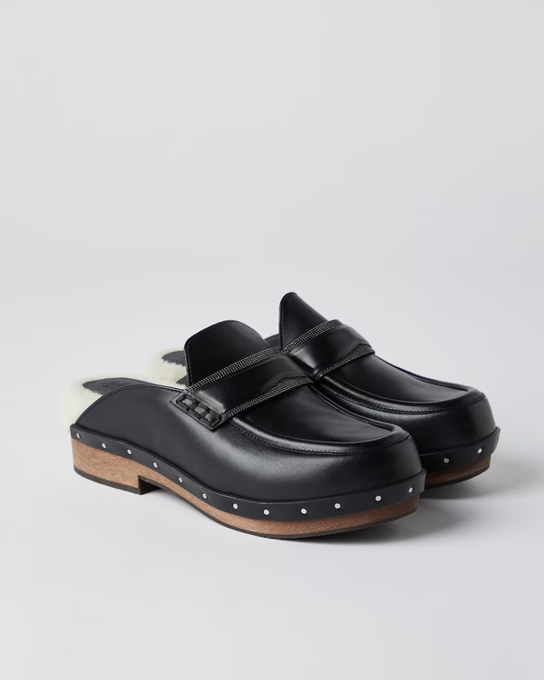 Brunello Cucinelli Matte calfskin loafer-style clogs with precious detail and shearling lining ~ Black