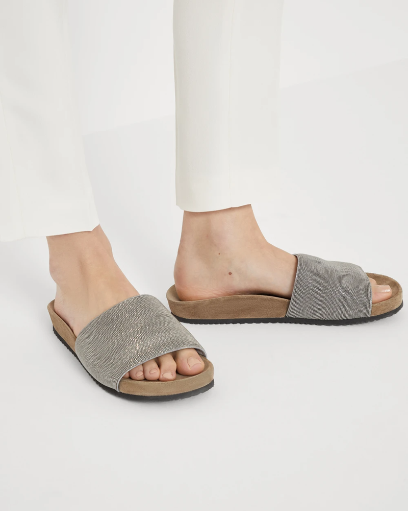 Brunello Cucinelli Suede Slides ~ Silver