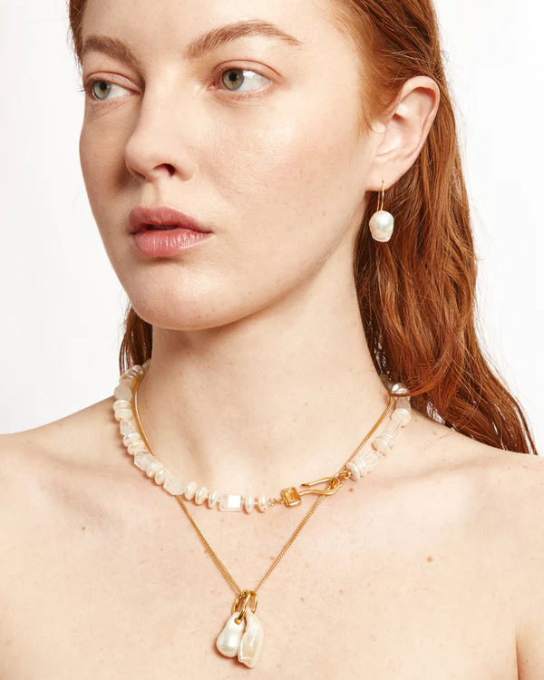 14k Baroque Earrings ~ White Pearl
