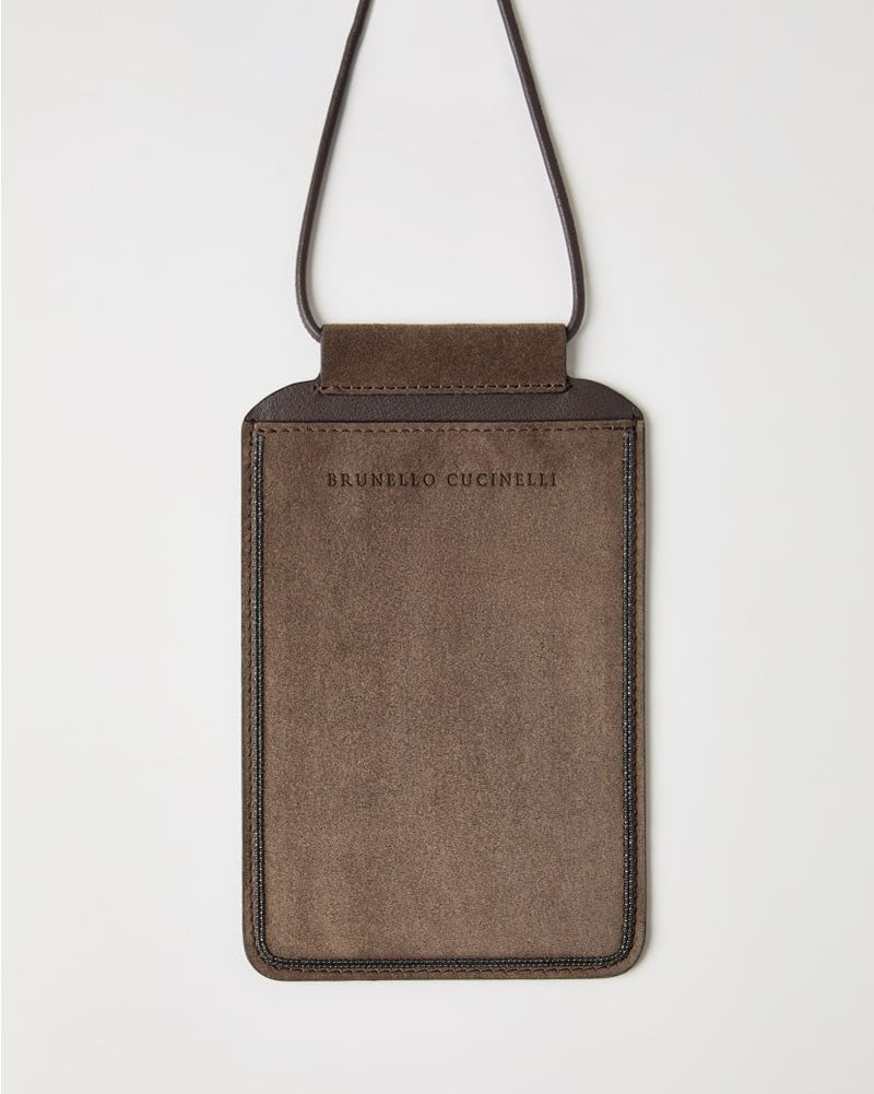 Brunello Cucinelli suede phone bag with shiny trim ~ Bark