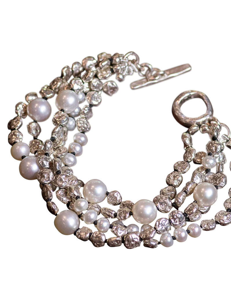 Susan Cummings Five Strand Pearl lentil bracelet ~ sterling silver & pearls