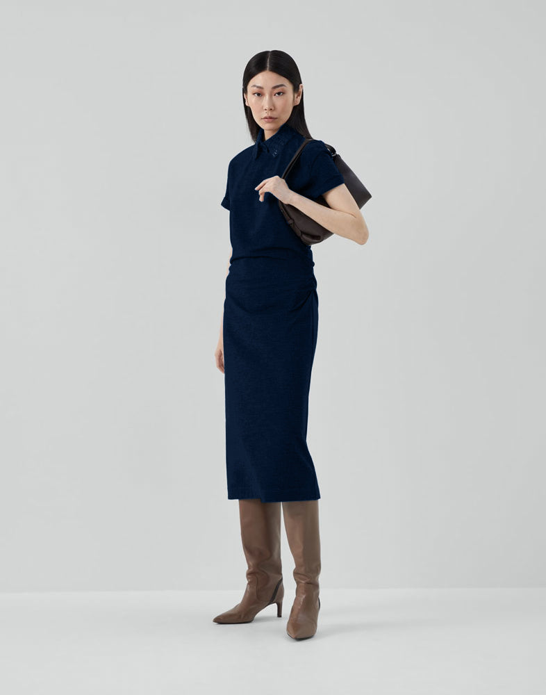 Brunello Cucinelli Stretch Virgin Wool Jersey Dress with Detachable Dazzling Net Collar ~ Navy Blue